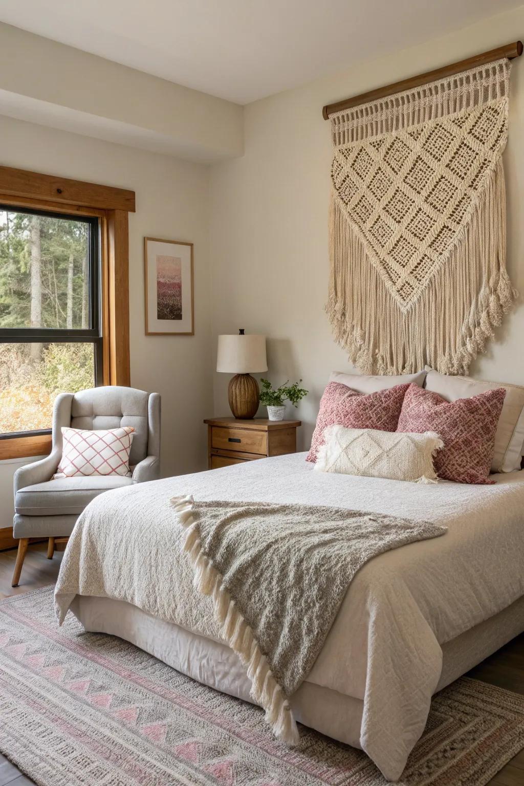 A woven fabric wall adds warmth and texture.