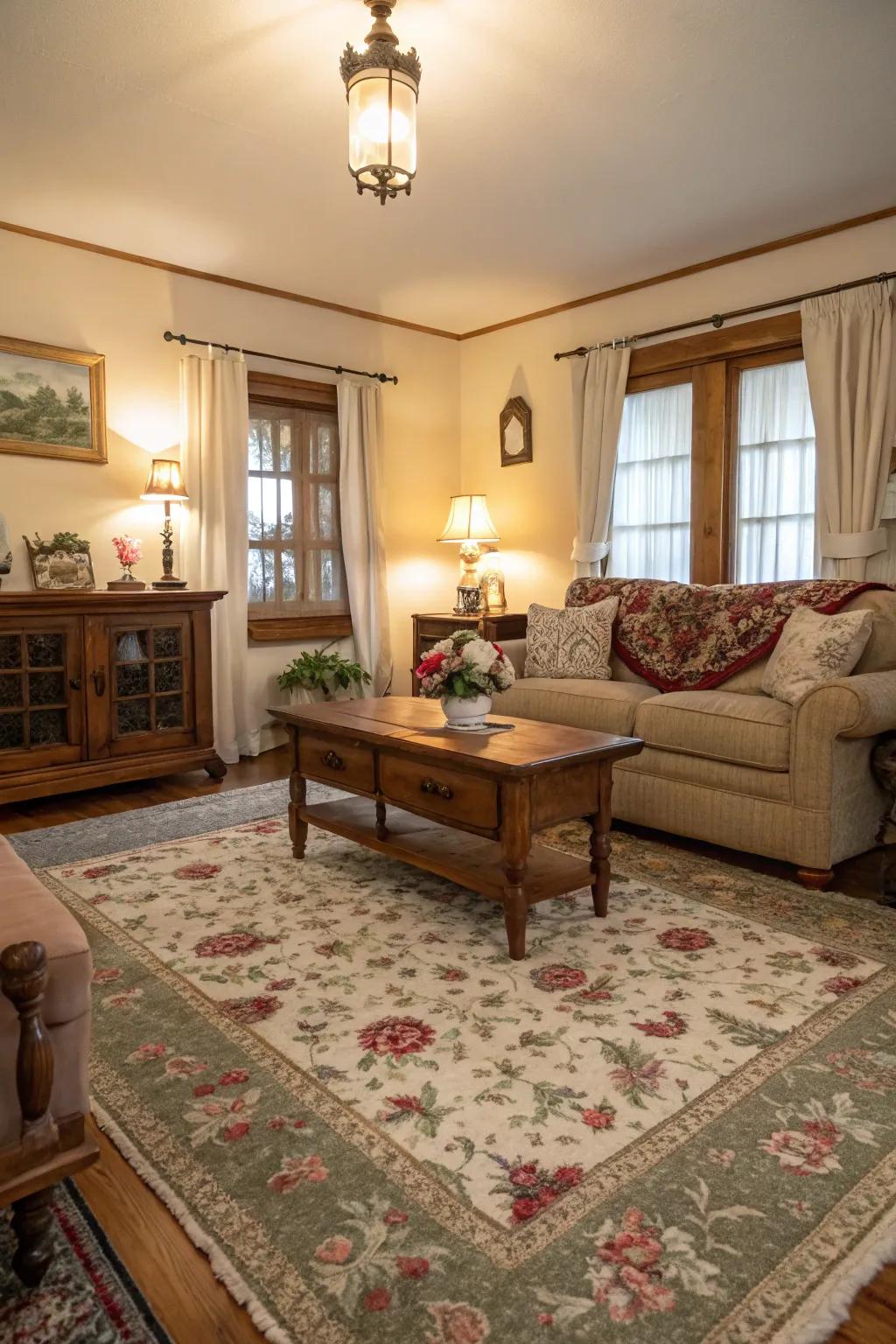 Floral rugs add a touch of whimsy and softness to farmhouse décor.