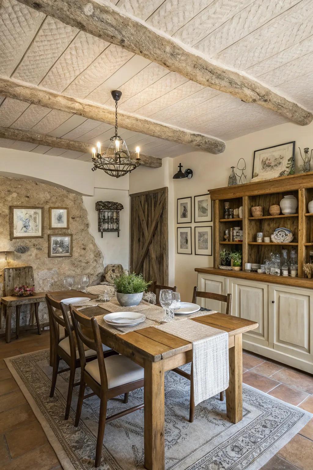 Heavily textured ceilings give depth and character to this farmhouse eating space.