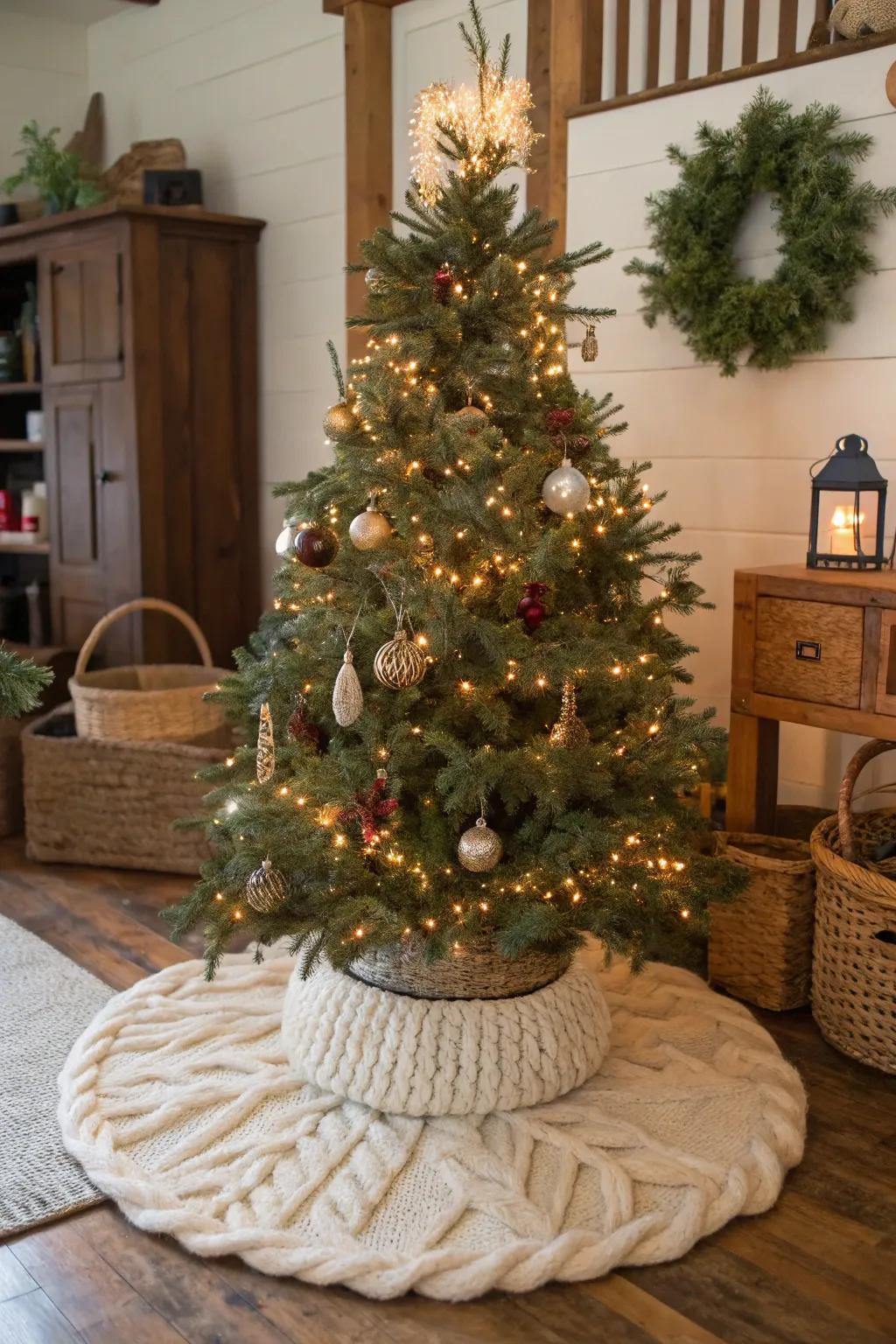 A snug tree drape contributes coziness and texture to this farmhouse Christmas tree.