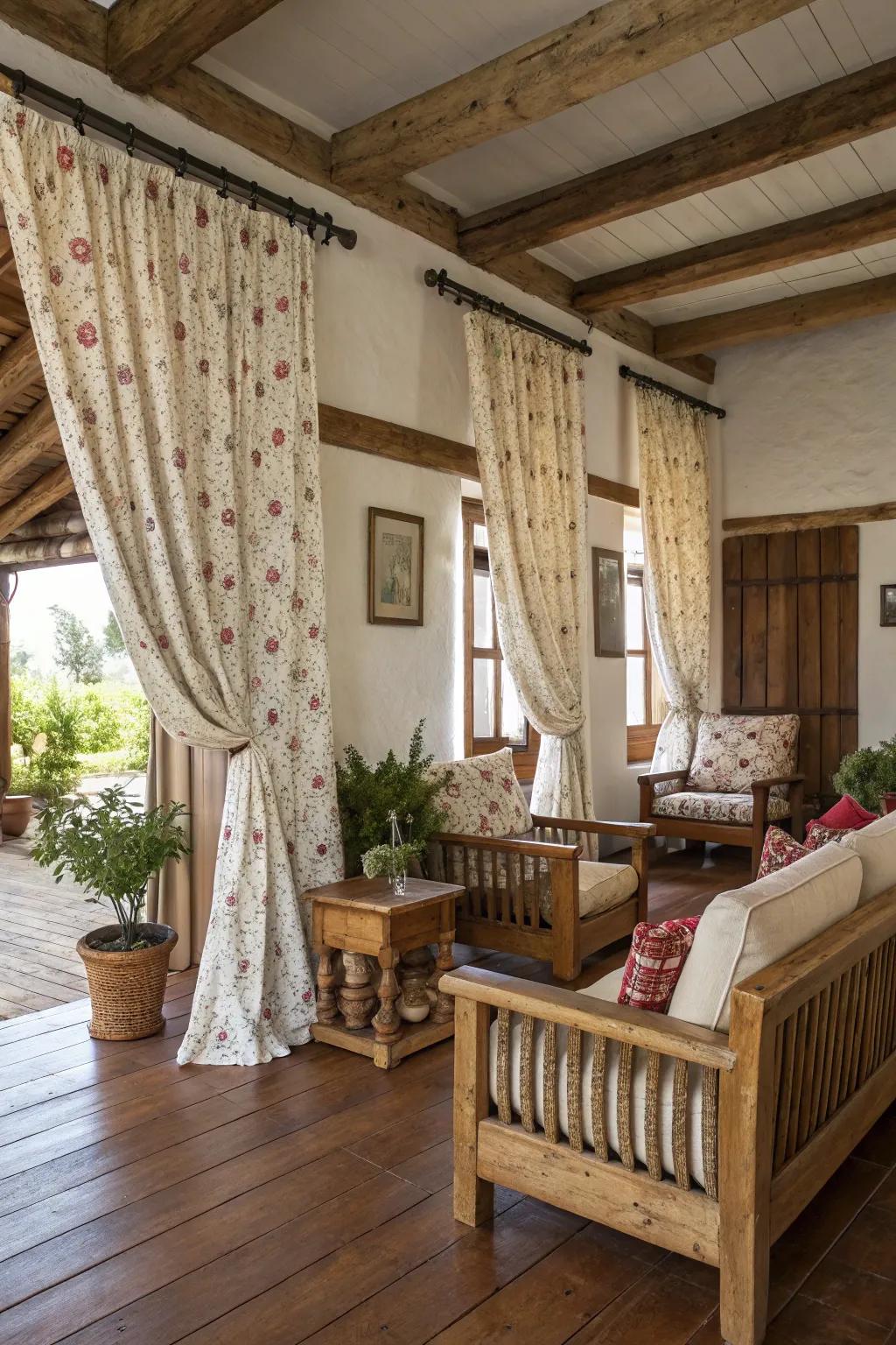 Farmhouse curtains and furniture that match well, creating a peaceful rustic lounge.