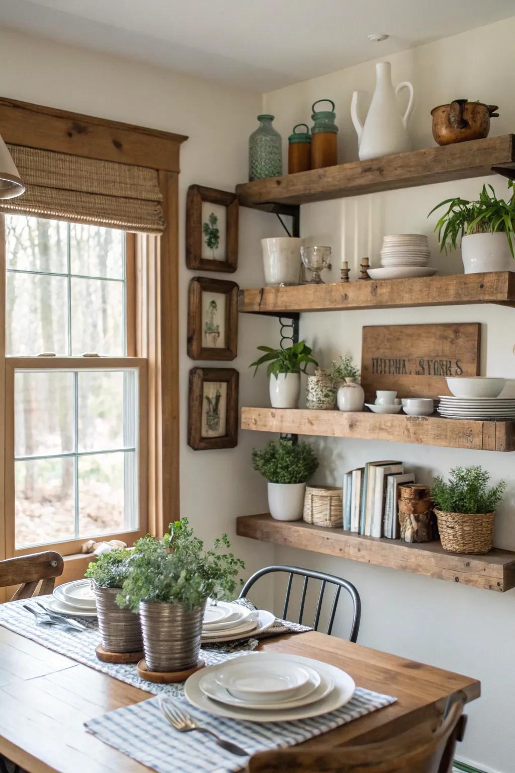 Drifting shelves offer storage and style in this farmhouse dining space.