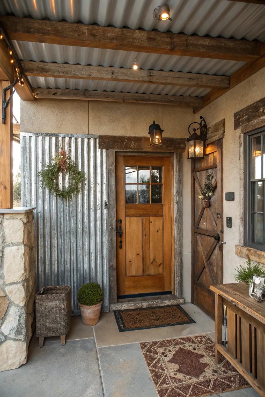 An entryway with industrial flair using galvanized steel accents.