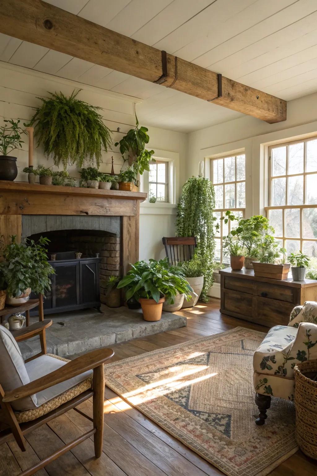 Vegetation introduces a natural vibe to a farmhouse fireplace.
