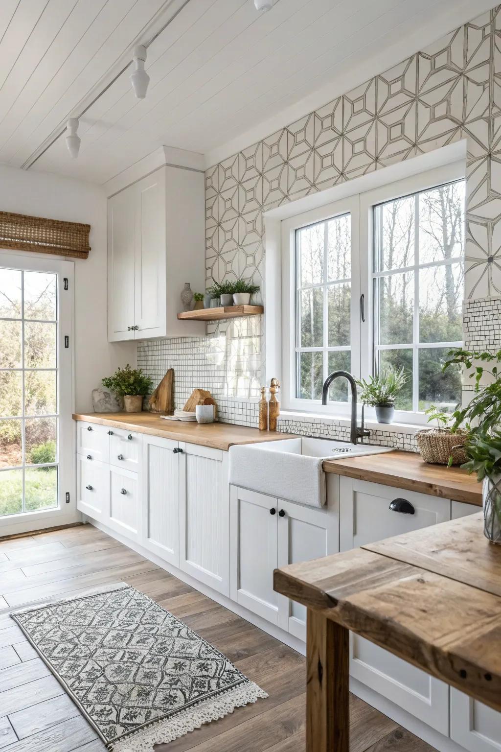 Shaped pieces offer a modern twist, making a stylish statement in this farmhouse kitchen.
