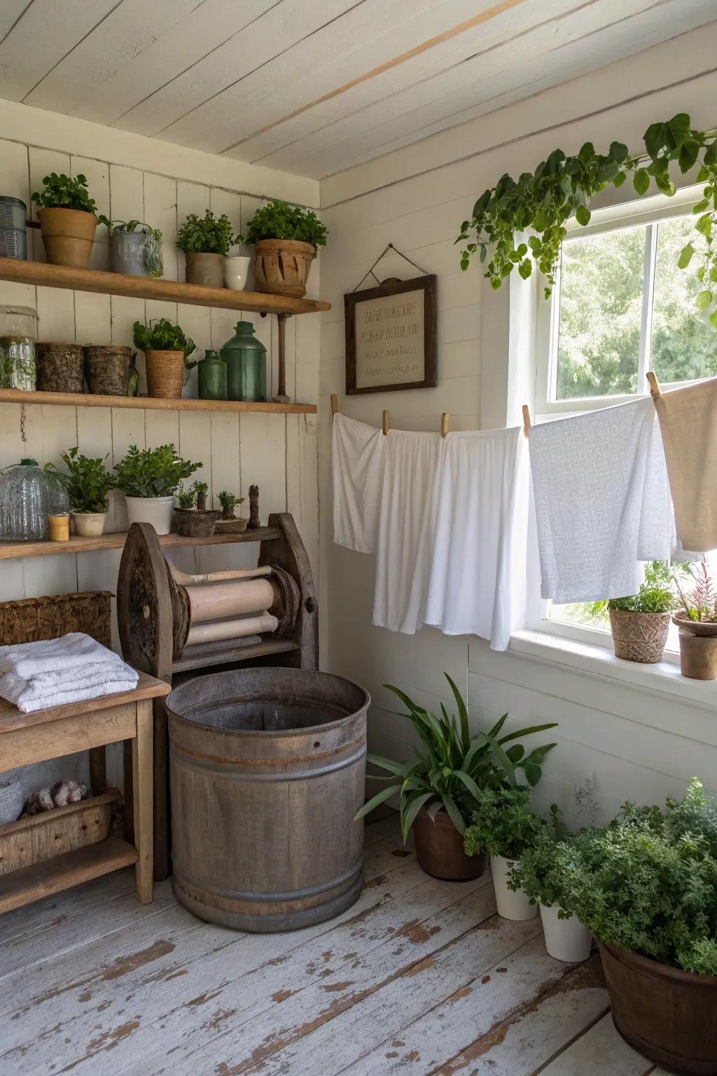 Plants introduce a vibrant and natural touch to this charming laundry room.
