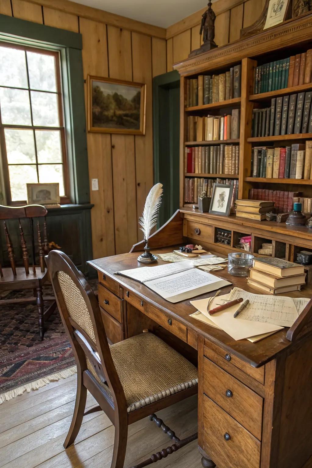 A writing table provides a practical workspace inside the library.
