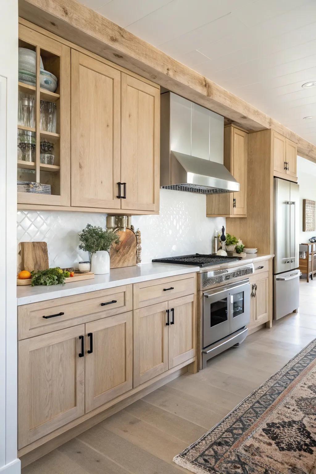 Contemporary devices offer a streamlined comparison to pale timber fittings in a country-style cooking area.