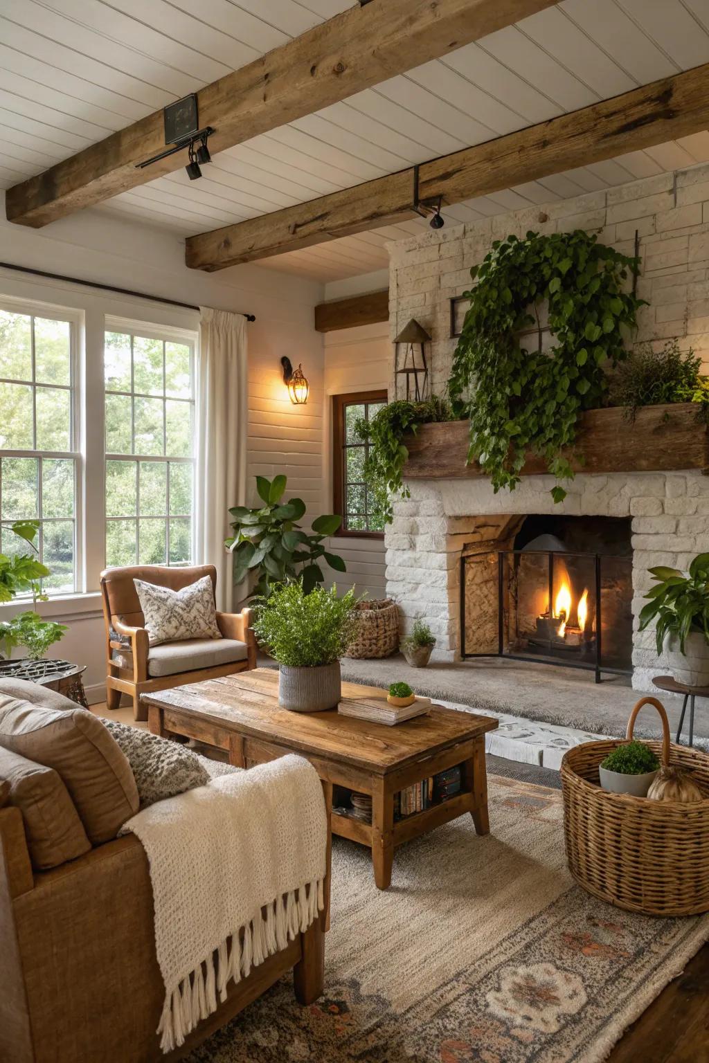 Natural greenery injects energy and vitality into this farmhouse living area.