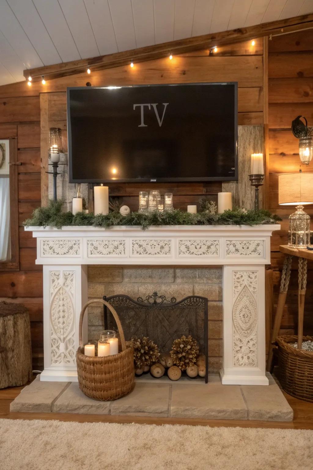 A farmhouse mantel beneath a TV, featuring charming text signage.