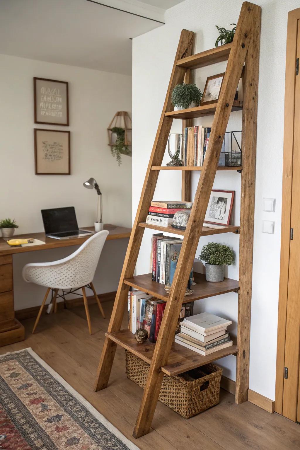 Inventive bookcase crafted from a reclaimed wooden ladder