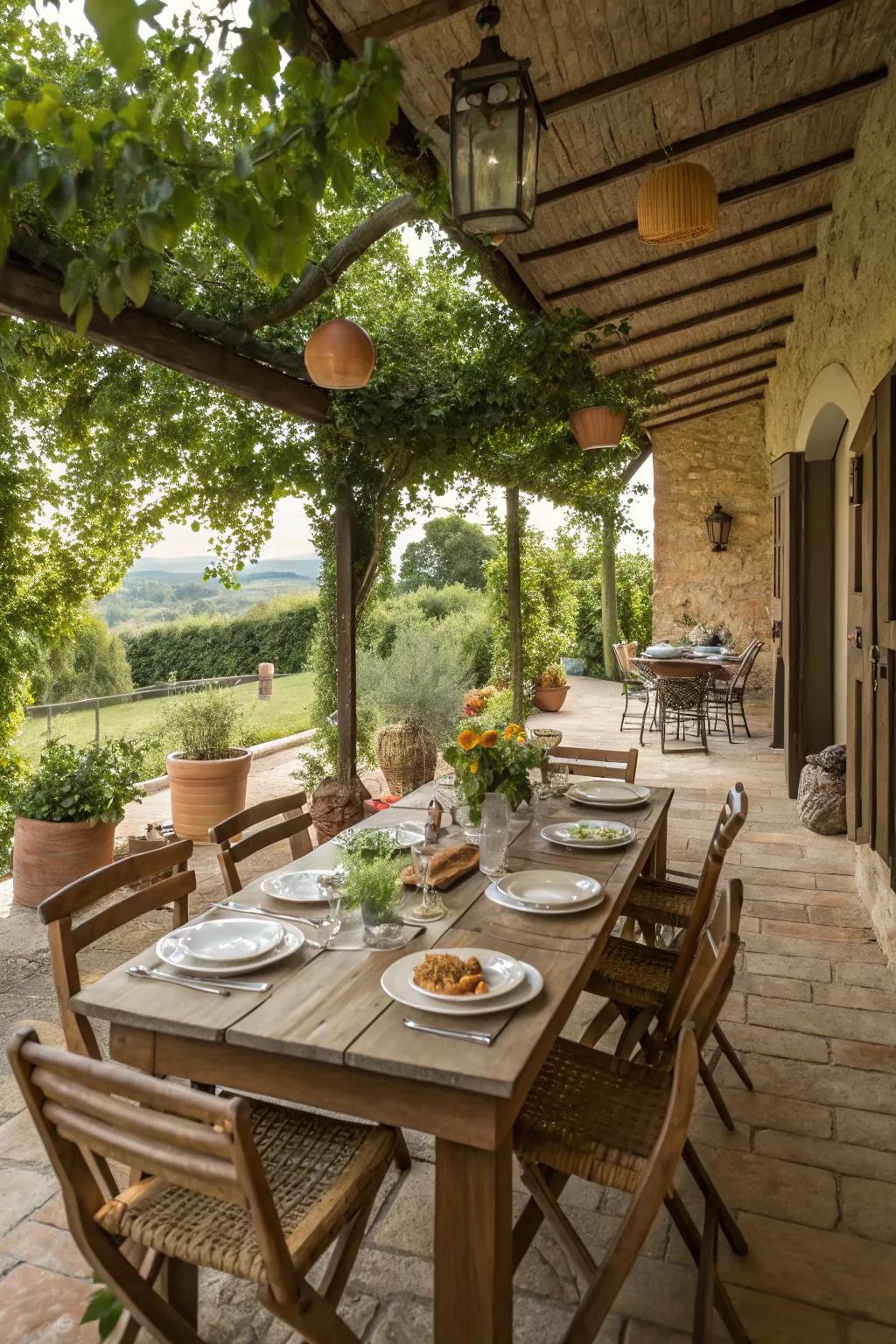 An outdoor dining area prepared for a farmhouse-style gathering.