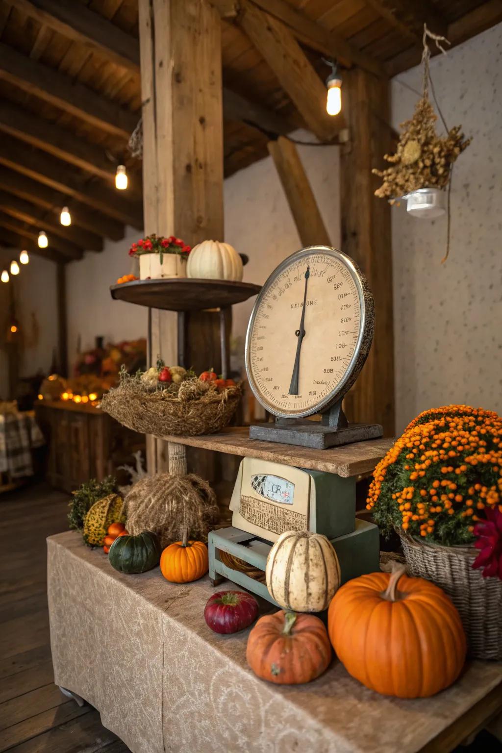 A charming seasonal vignette featuring a retro scale.