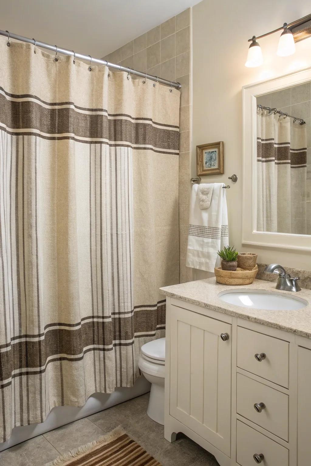 A bathroom with a shower curtain featuring classic canvas sack banding.