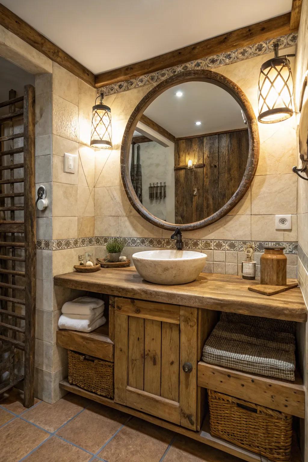 A round mirror serves as a stylish centerpiece in this farmhouse bathroom.