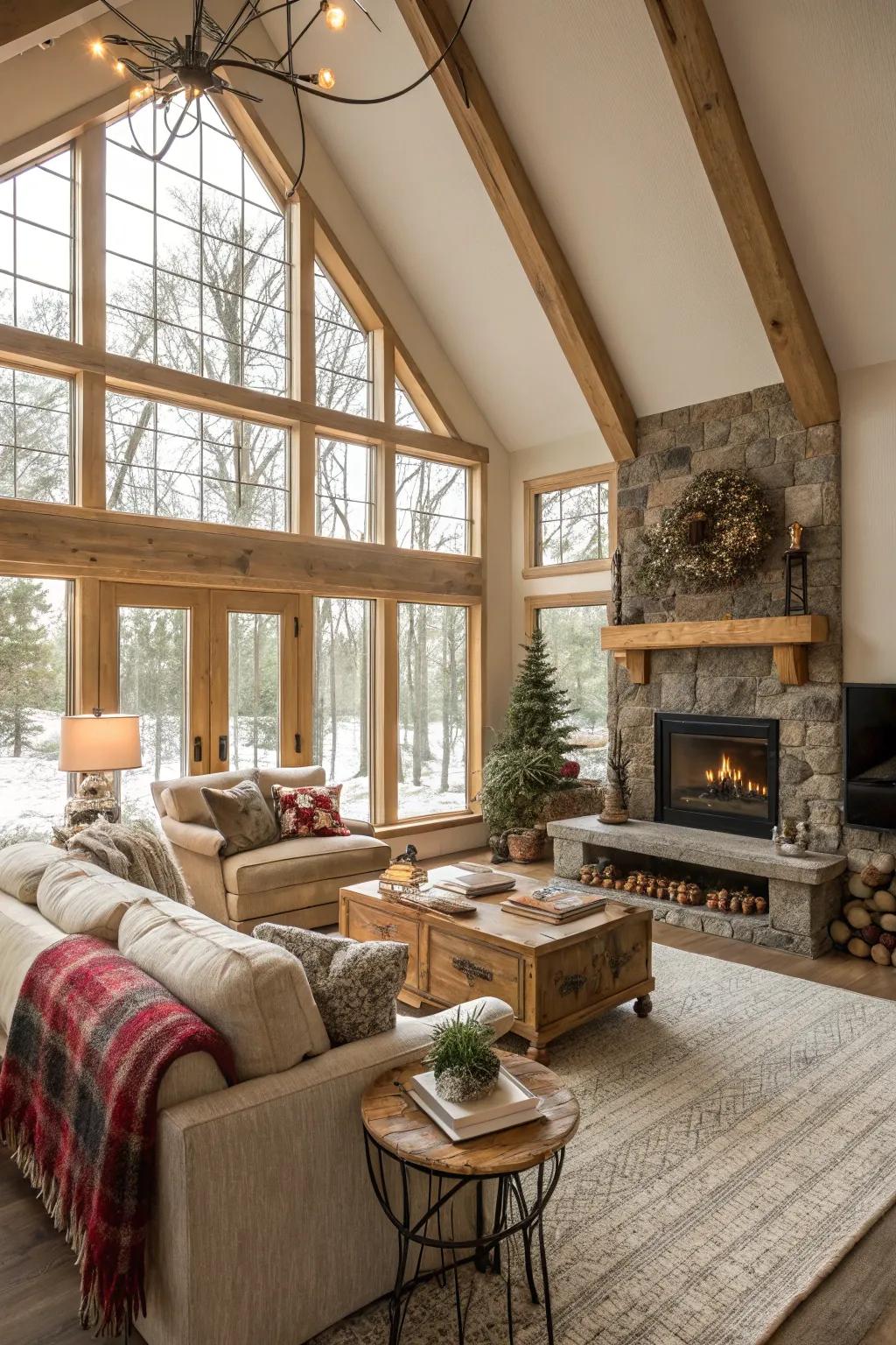 A radiant living space showcasing broad windows and a vaulted ceiling.