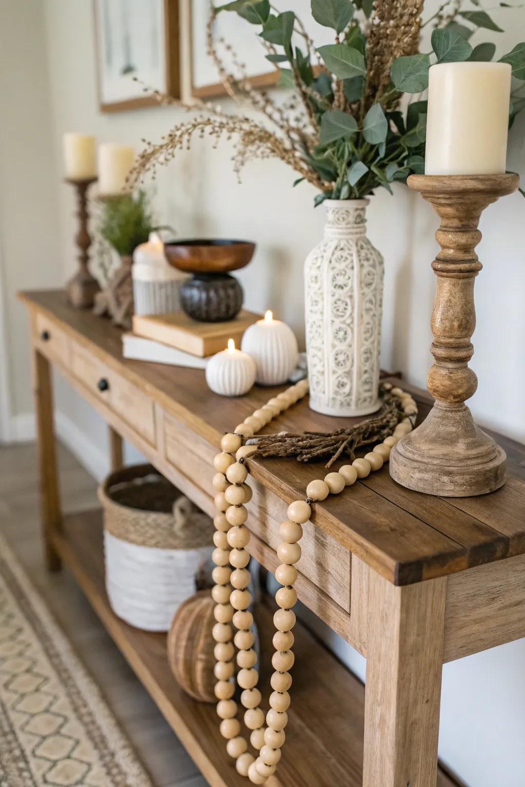 Console table enhanced with a beaded strand.