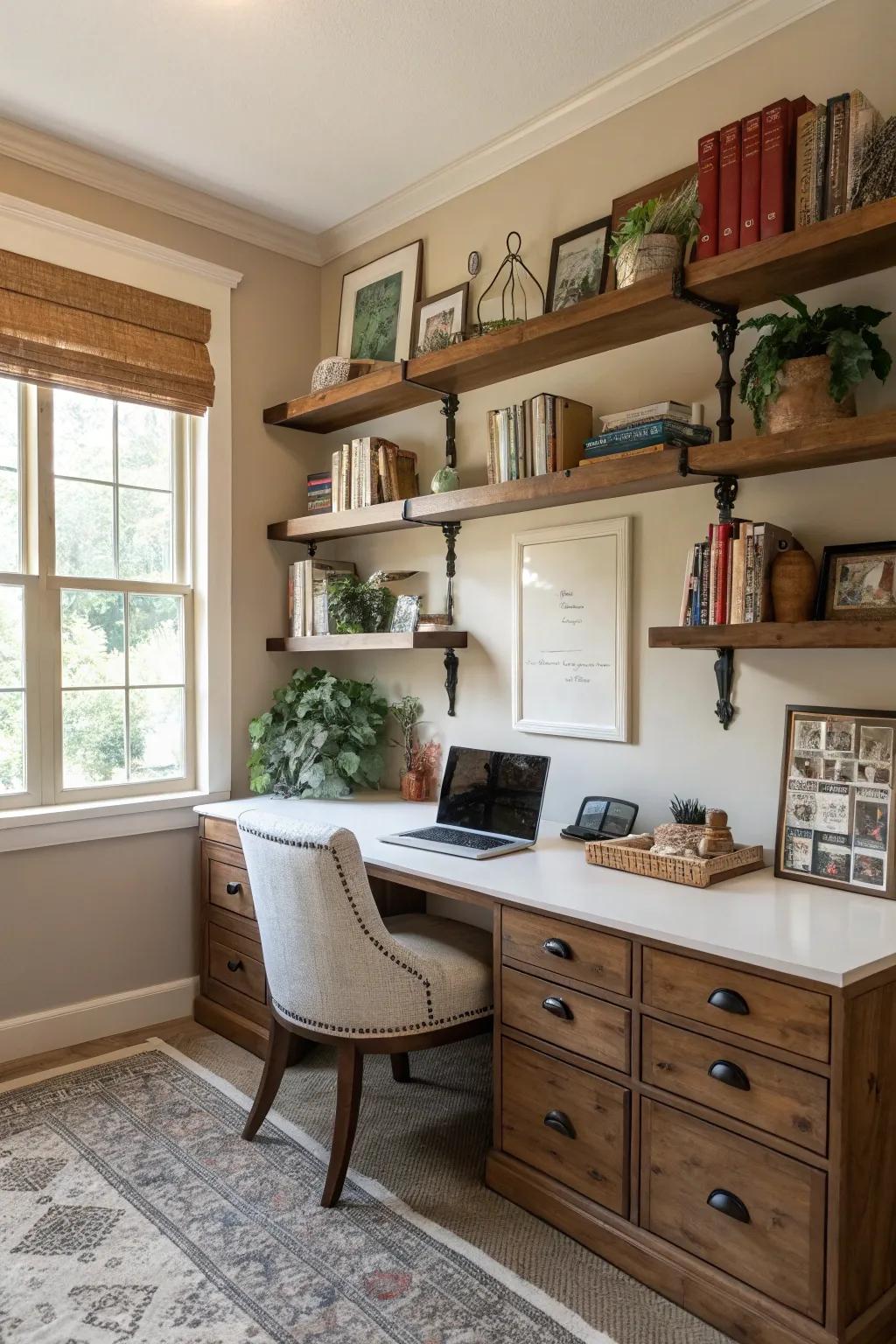 Retro vibes with simulated crown accents beneath shelves.
