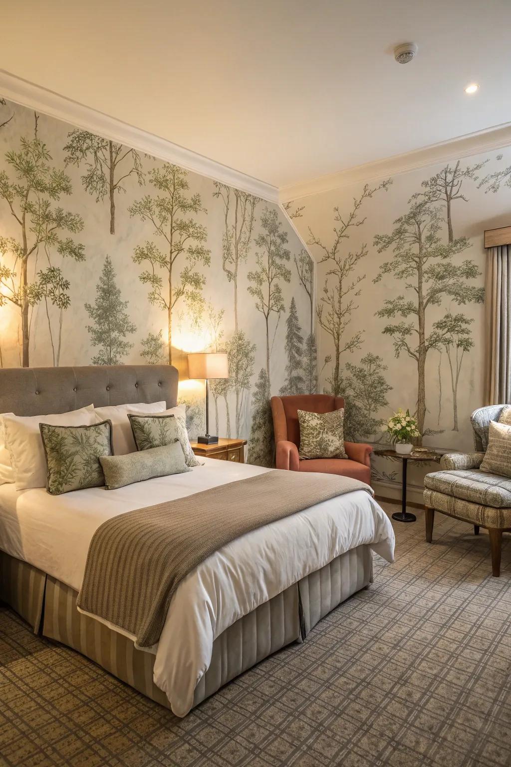 Forest-themed wall covering introduces an enchanting element to the guest suite.