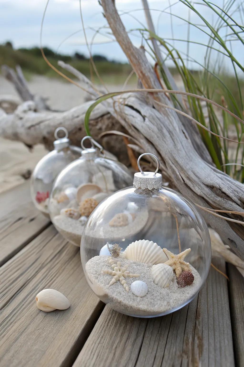 Beach-centric ornaments featuring sand and seashells.