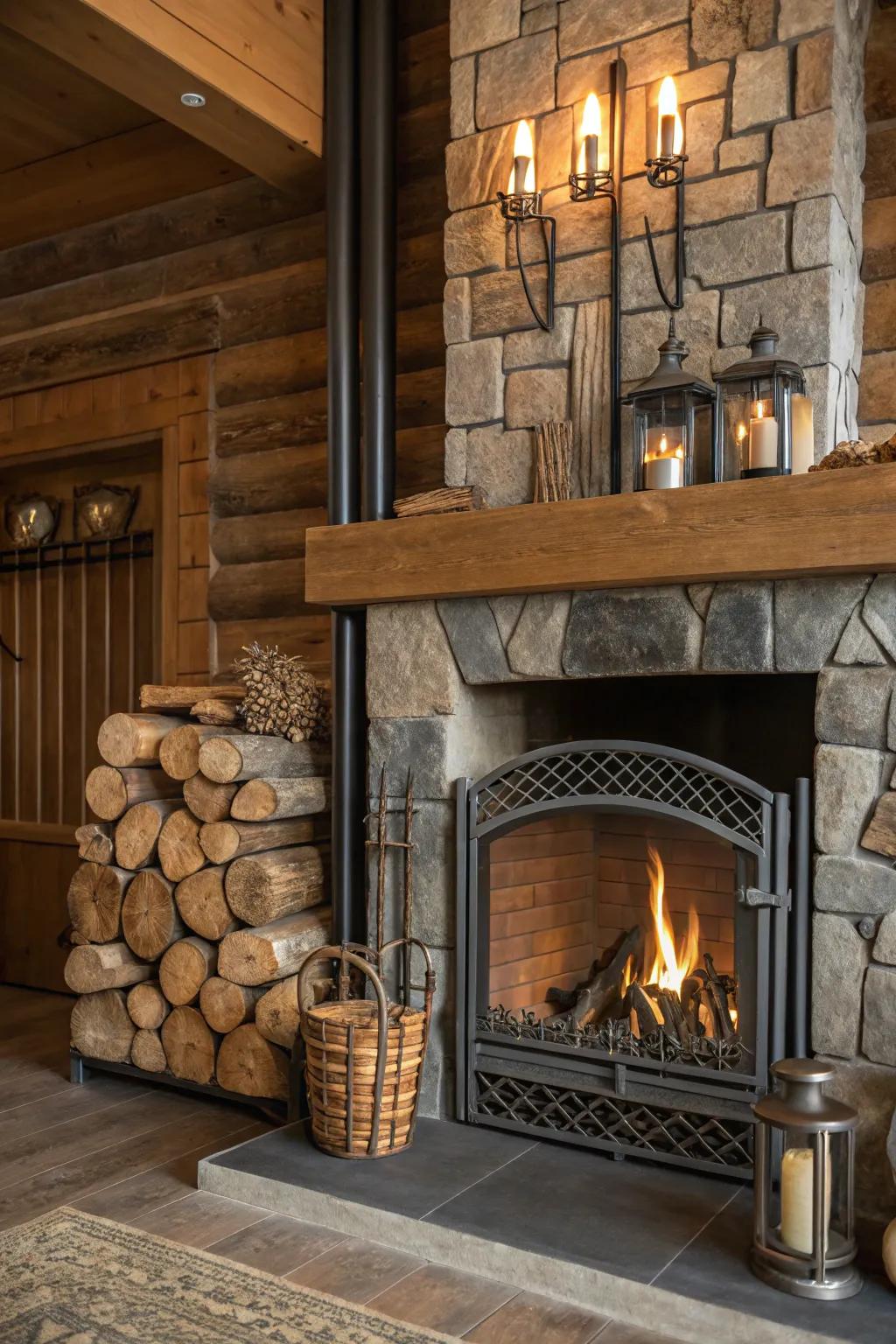 A creative fusion of materials for a distinctive fireplace design.