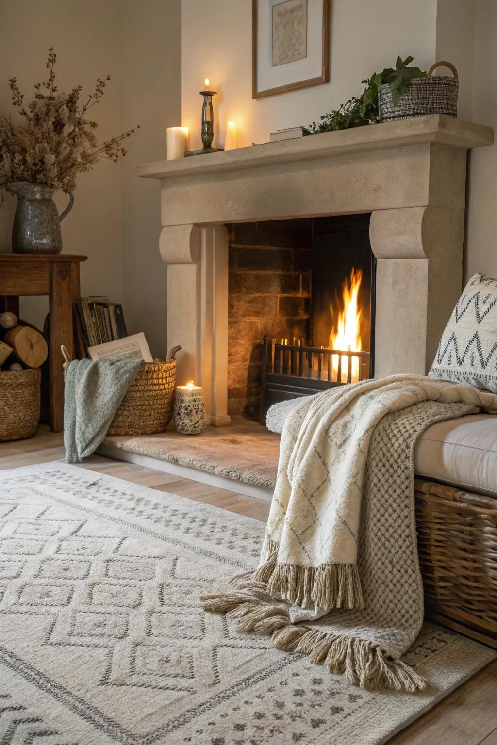 Plush accessories inject comfort and warmth into the fireplace.