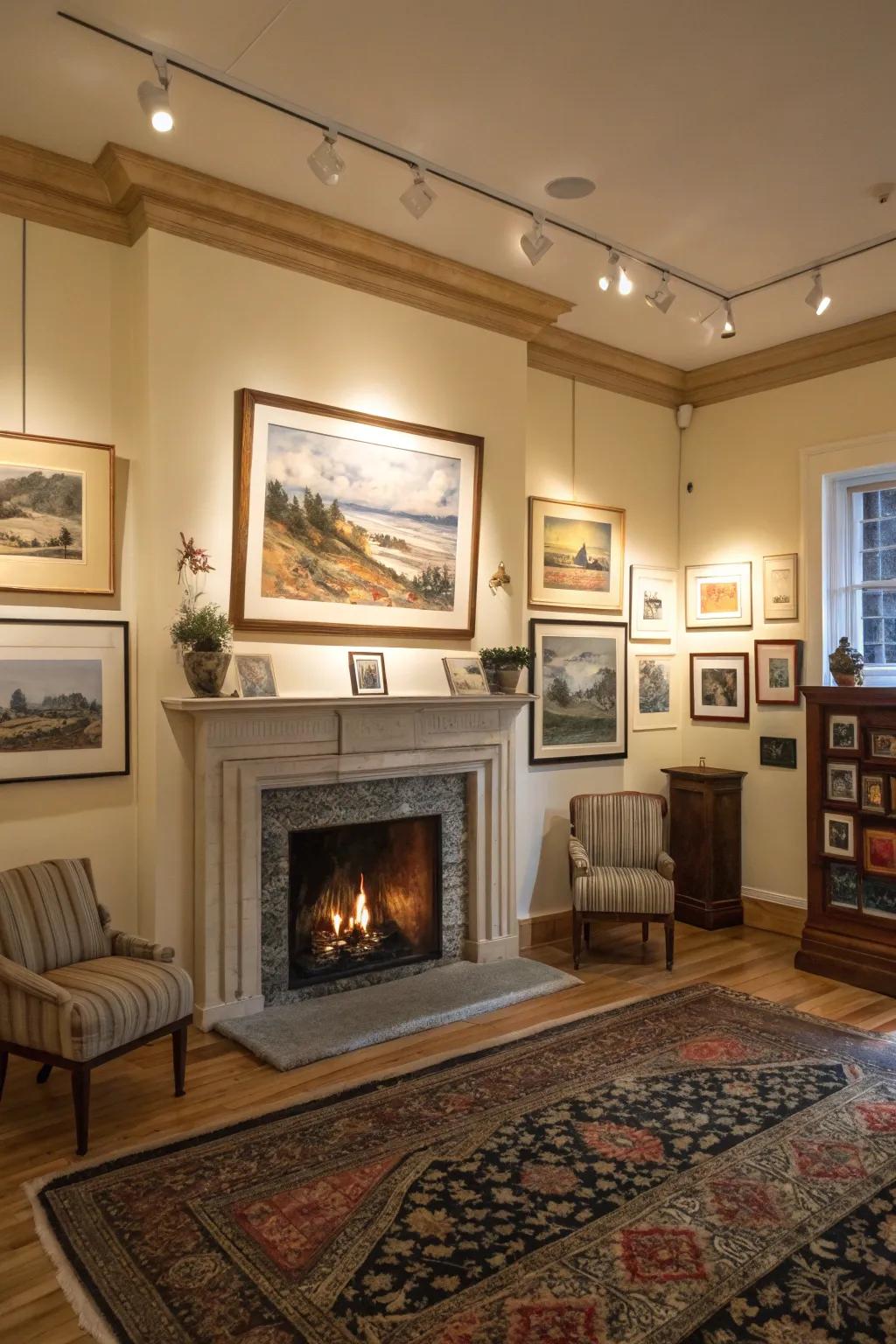 A gallery-like living space with a central fireplace surrounded by beautiful artwork.