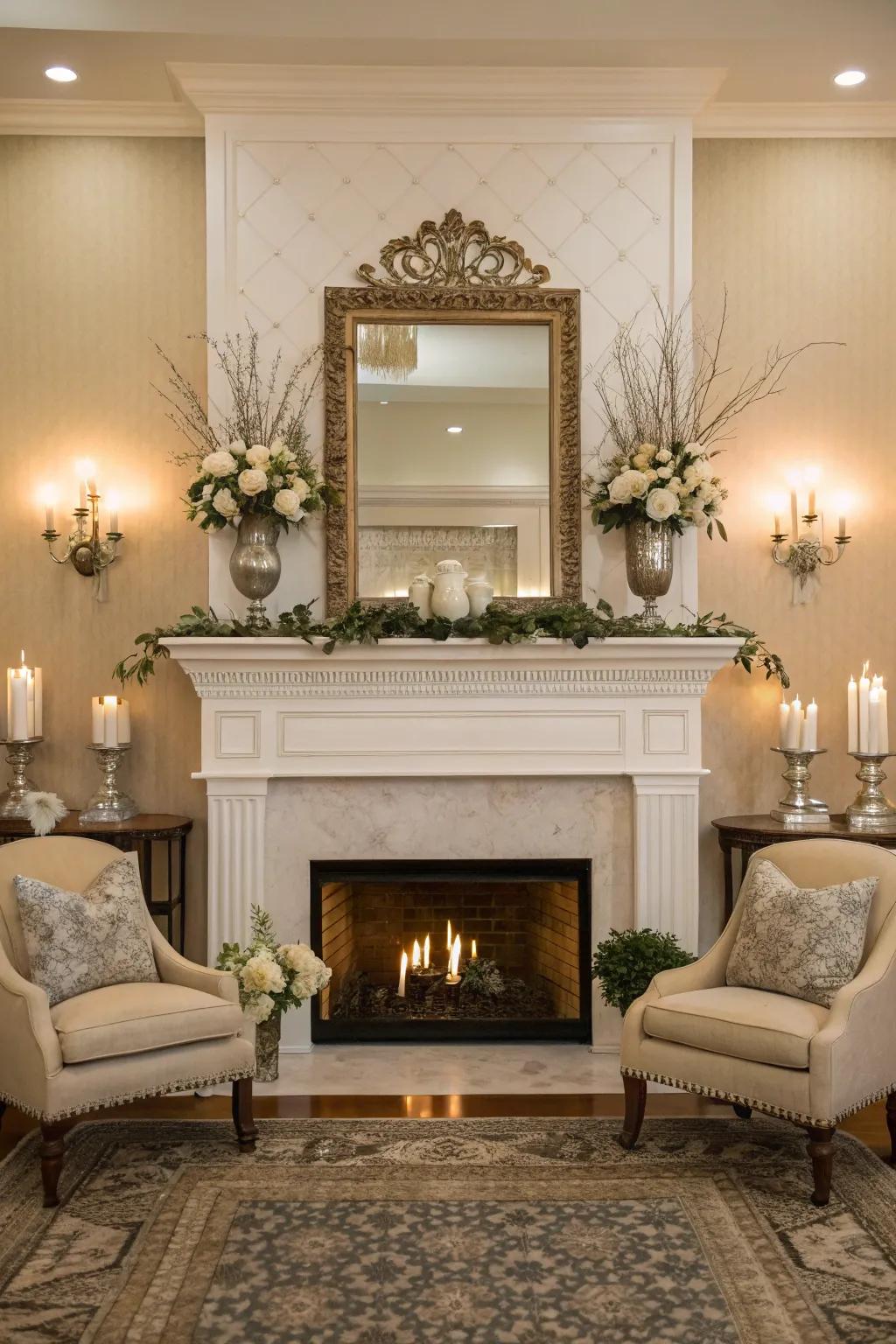 Architectural balance brings symmetry to this fireplace setting.