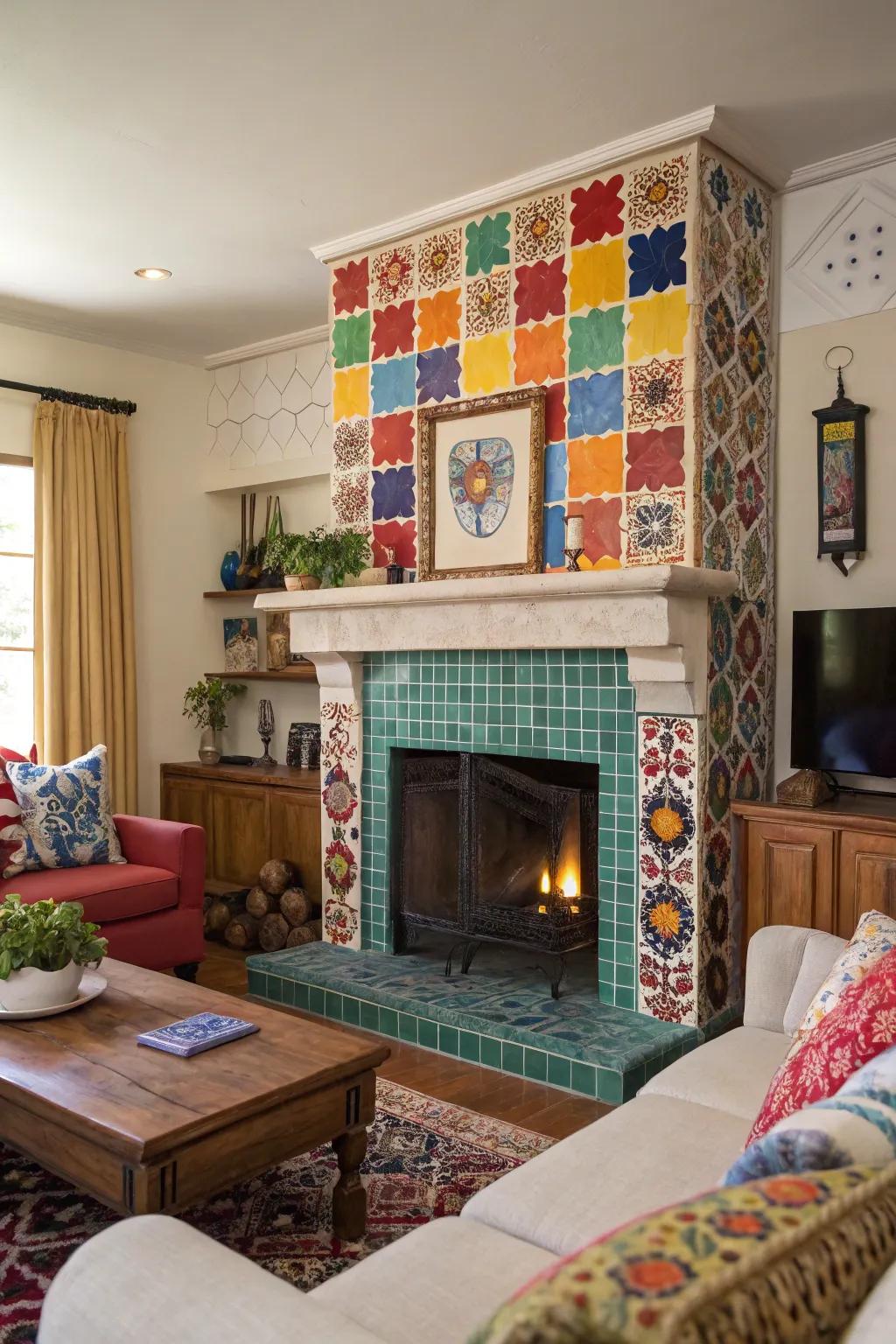 Multicolored tiles incorporate personality and vibrancy to your fireplace.
