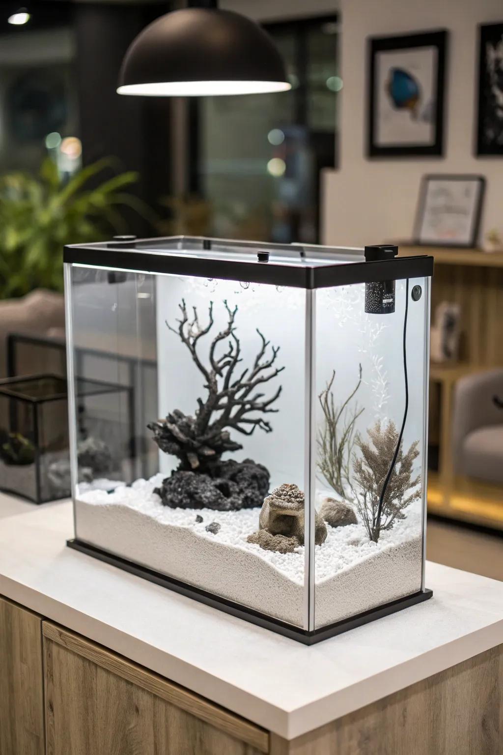 Achieve a sleek and elegant look with a minimalist modern aquarium design.