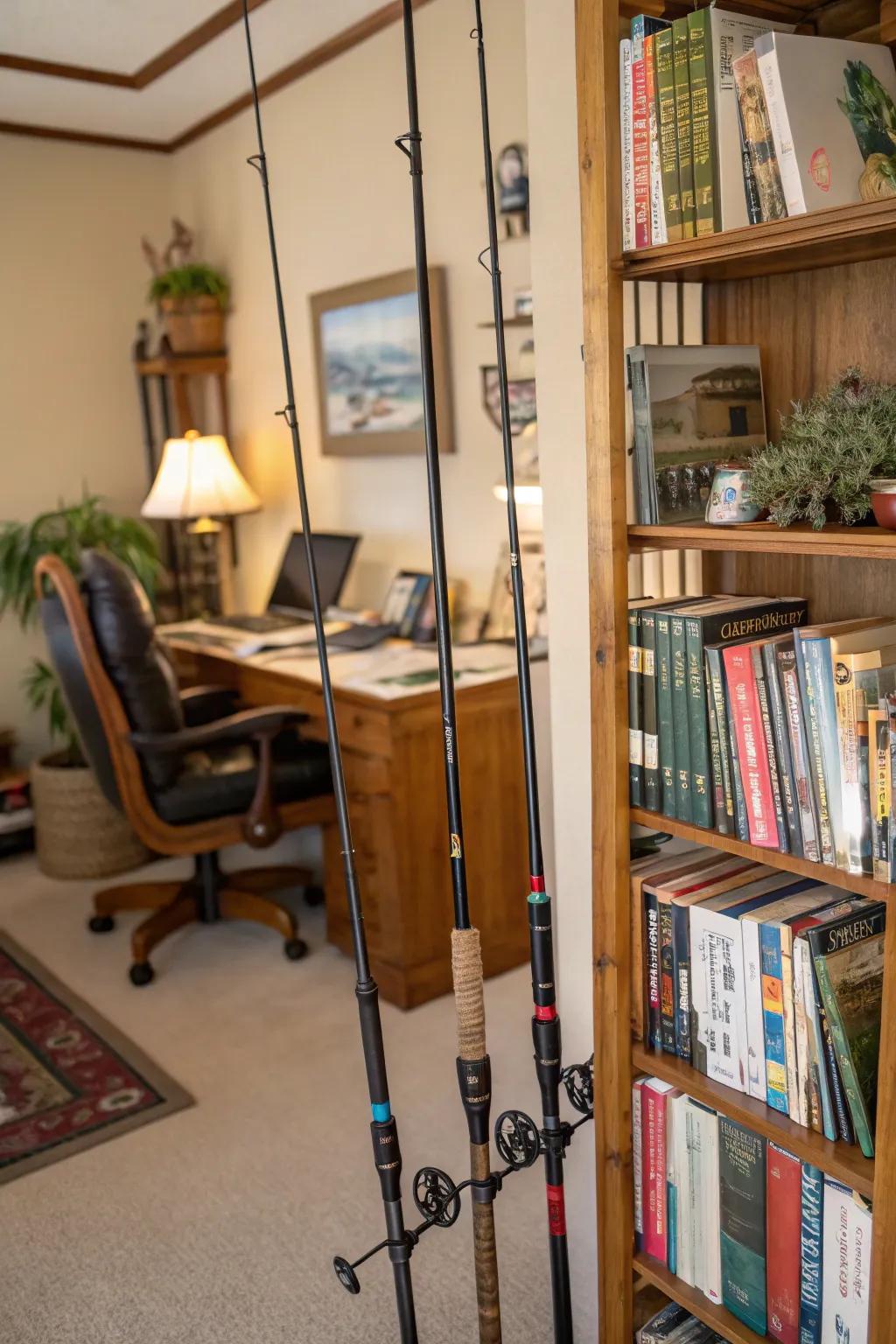 Angling poles lend whimsical support to stylish bookshelves.