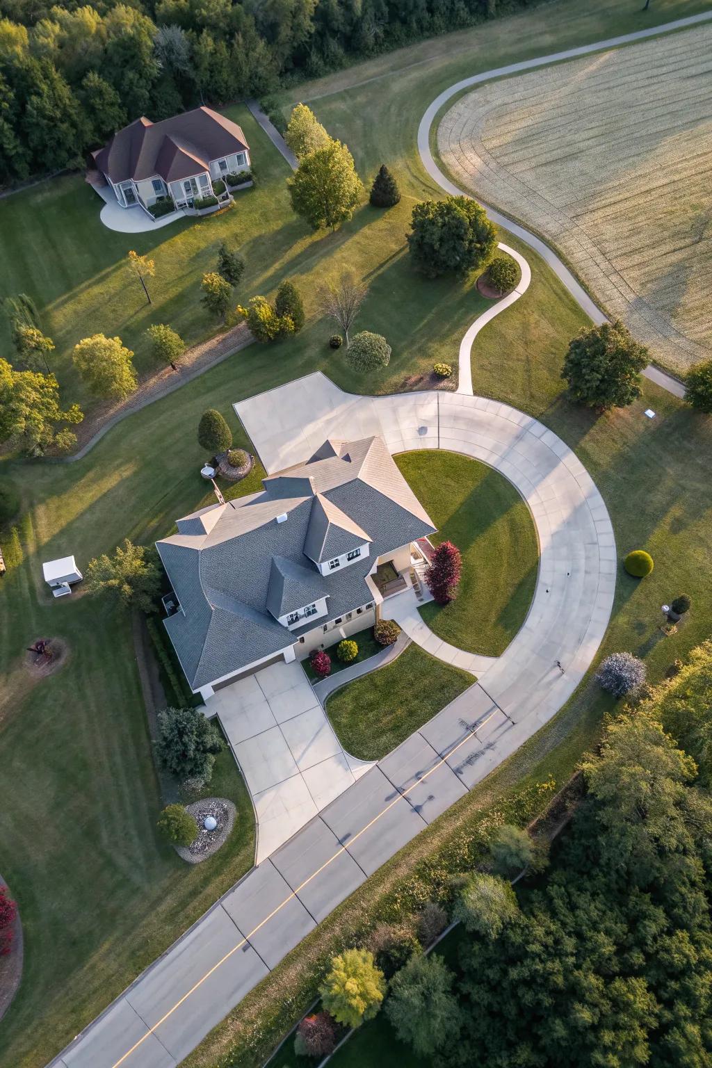 An aerial view capturing the layout of a flag lot property with its driveway leading to the home.