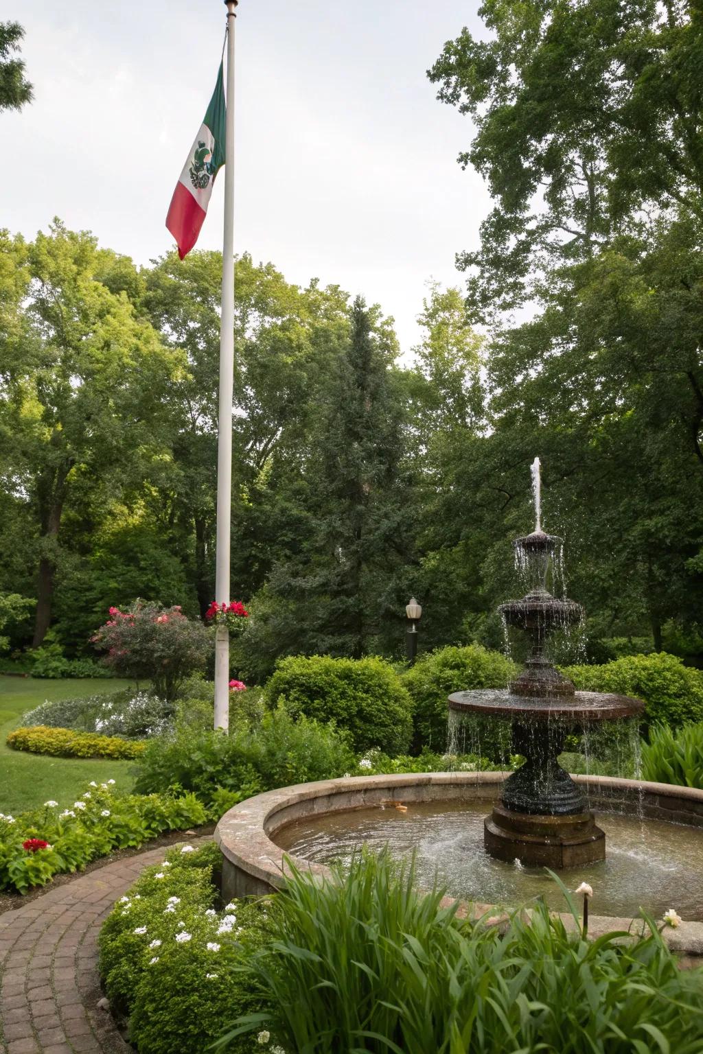 A water element adds a serene element to a flagpole scenery.