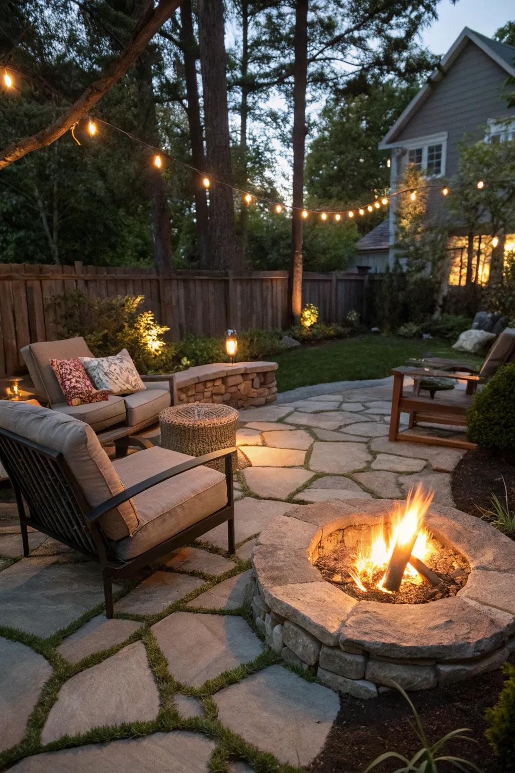 A flagstone bonfire area prepared for evening relaxation.
