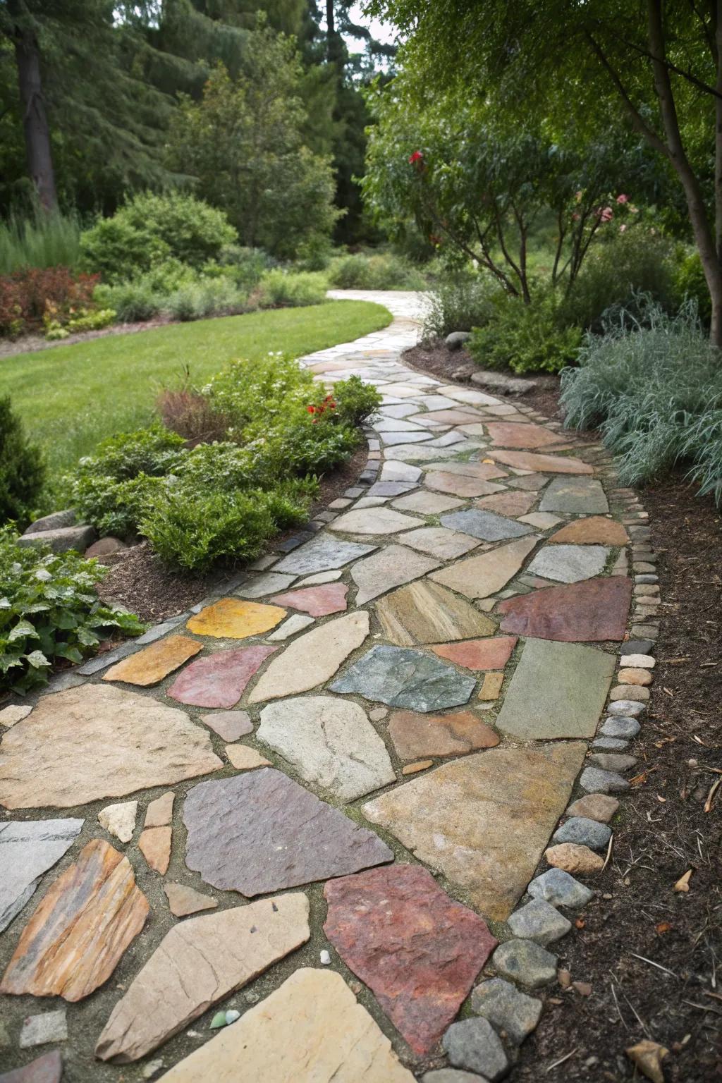 An artistic paving stone pathway showcasing a rich palette of colors and dimensions.