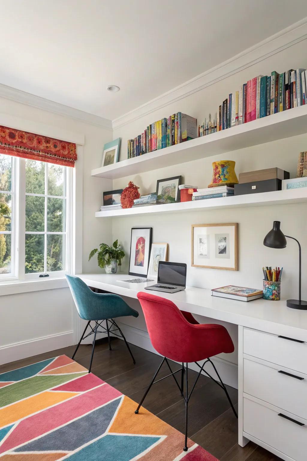 Add an unexpected burst of color by painting the undersides of your floating shelves.