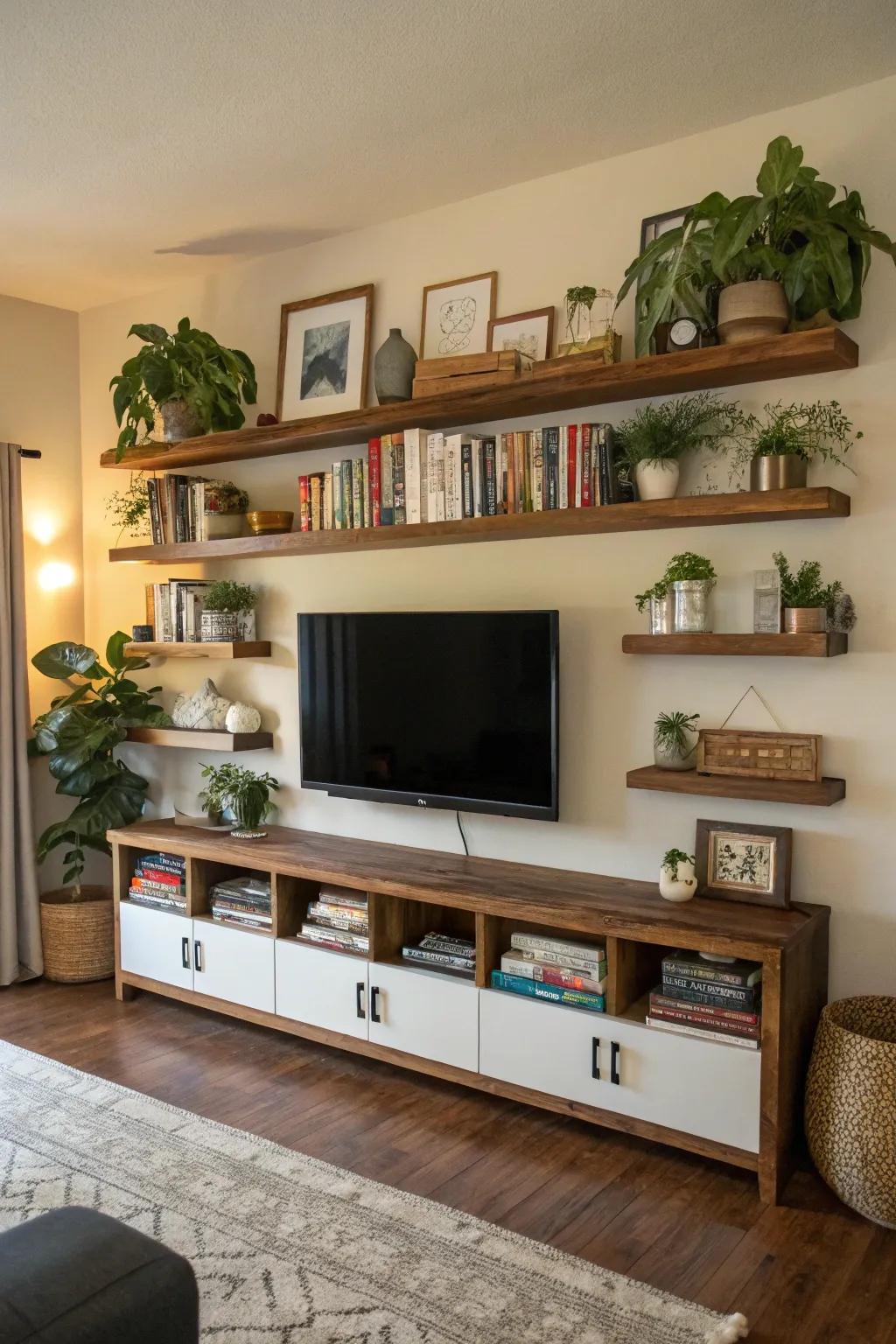 Incorporate intrigue with staggered floating racks surrounding your TV.