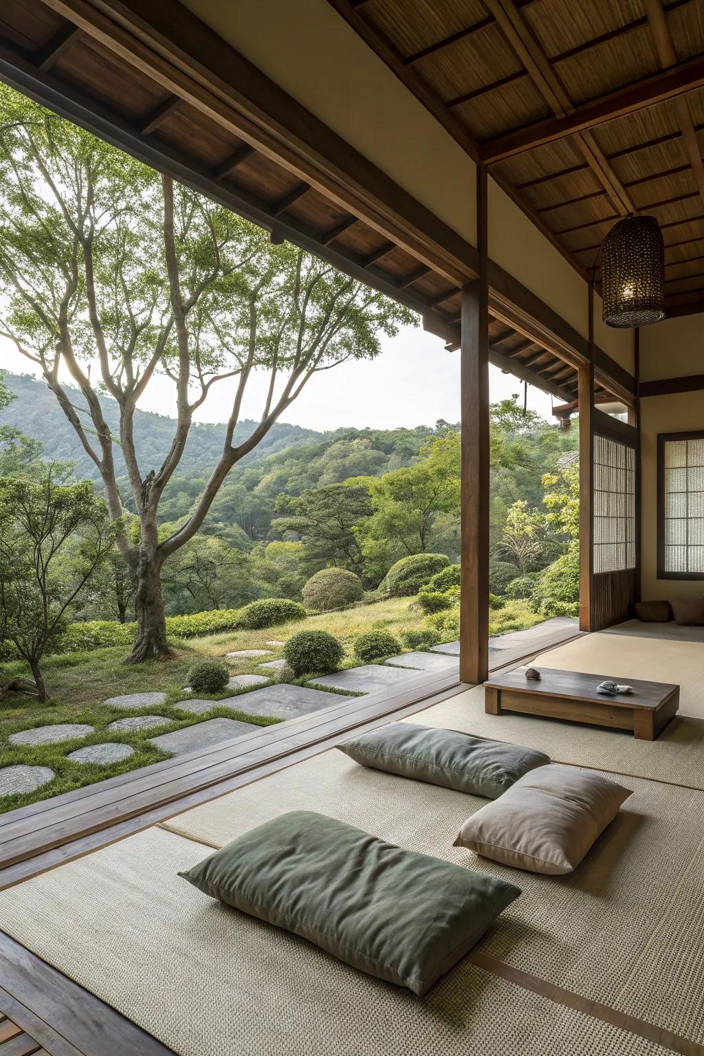 Interior and exterior floor seating blurs the distinction between nature and the home.