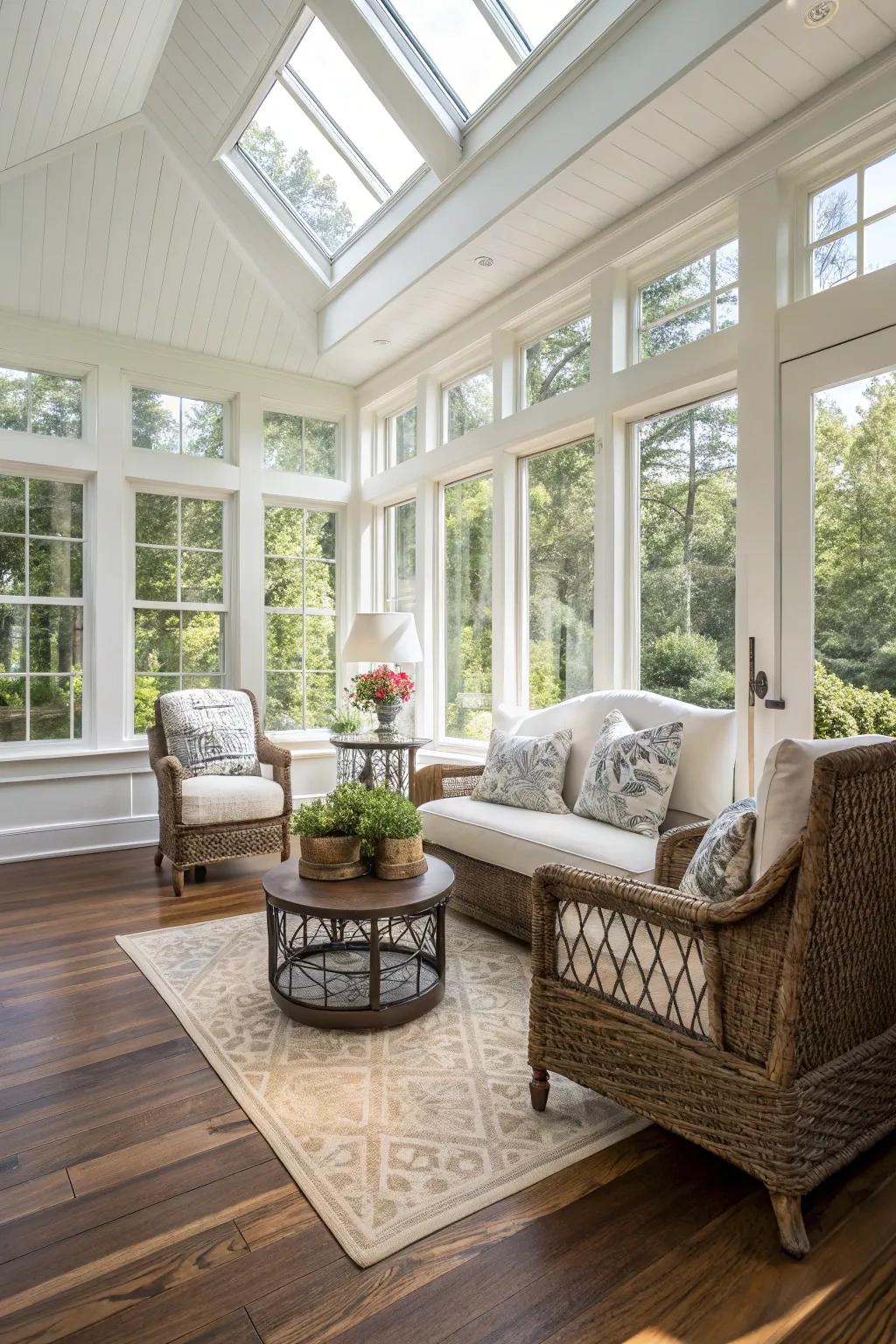 Steady and fashionable sunroom featuring manufactured wood flooring.