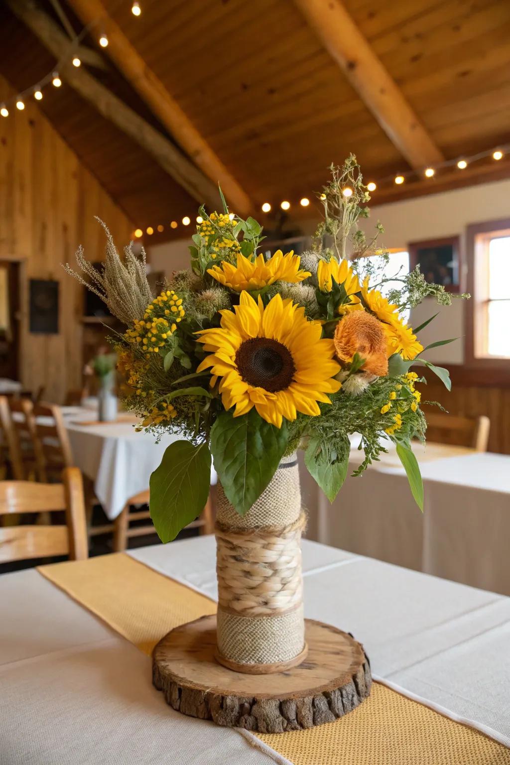 Bold sunflower centerpiece, bringing a burst of sunshine and happiness to your table.