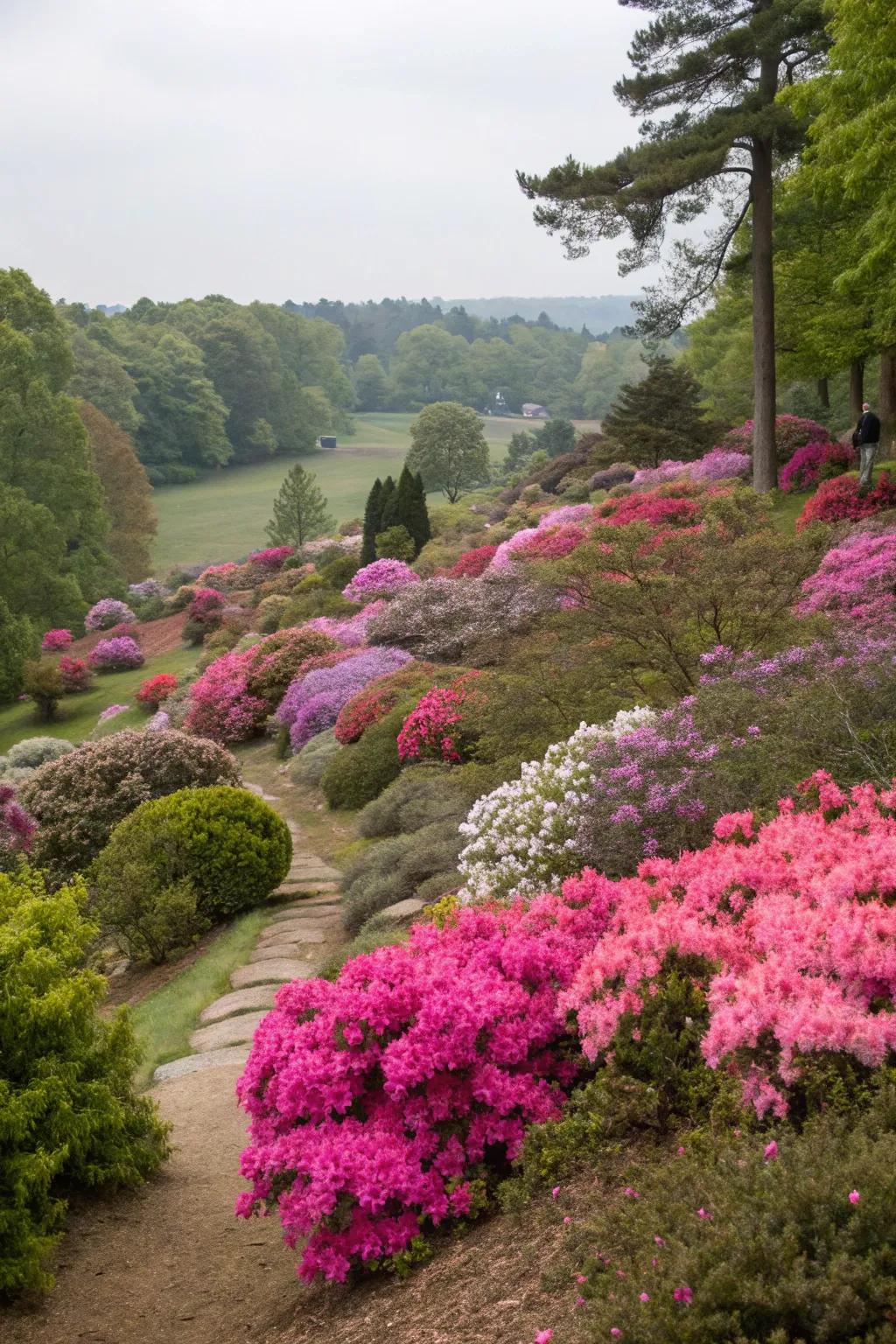 Achieve visual depth by layering azalea plantings.