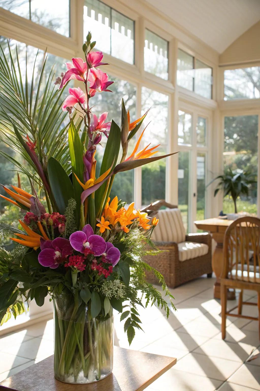 A tropical arrangement creating an exotic atmosphere in a sunroom.