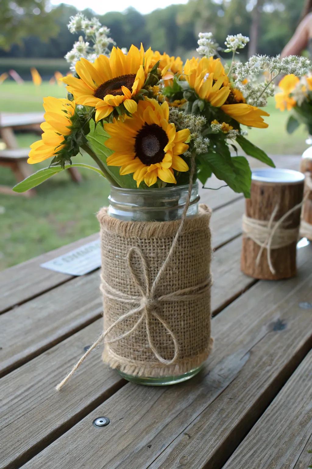 Country-style charm with artisan jars wrapped in rough cloth for your floral presentations.