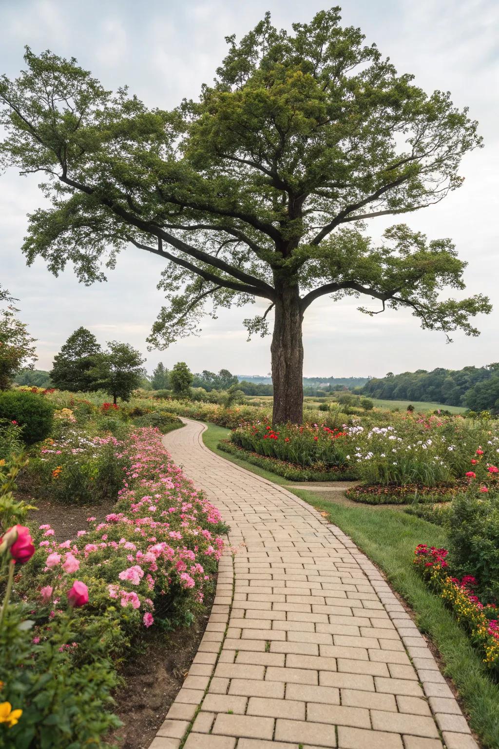 A charming paver pathway invites exploration of the blossoms around this tree.