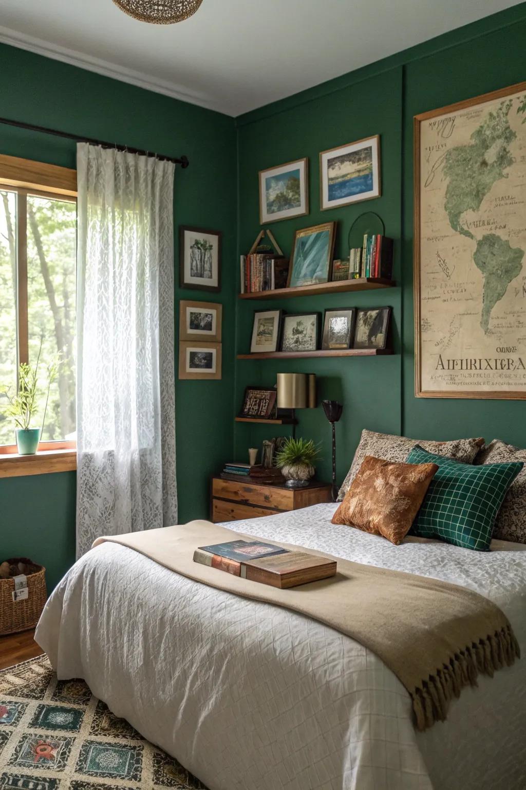 Personal details make a woodland green bedroom distinctly yours.