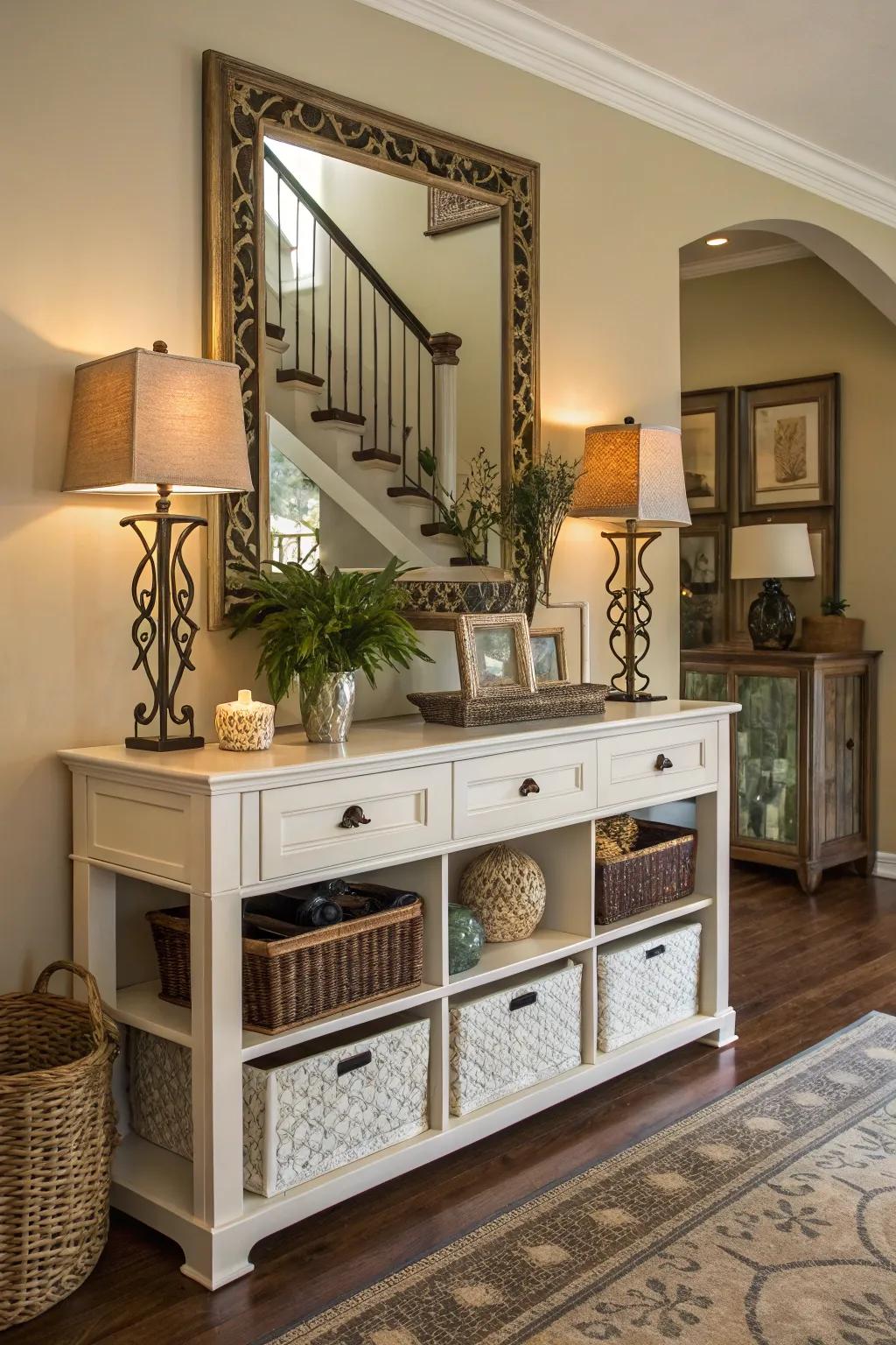 Functional storage keeps the foyer organized and free of clutter.