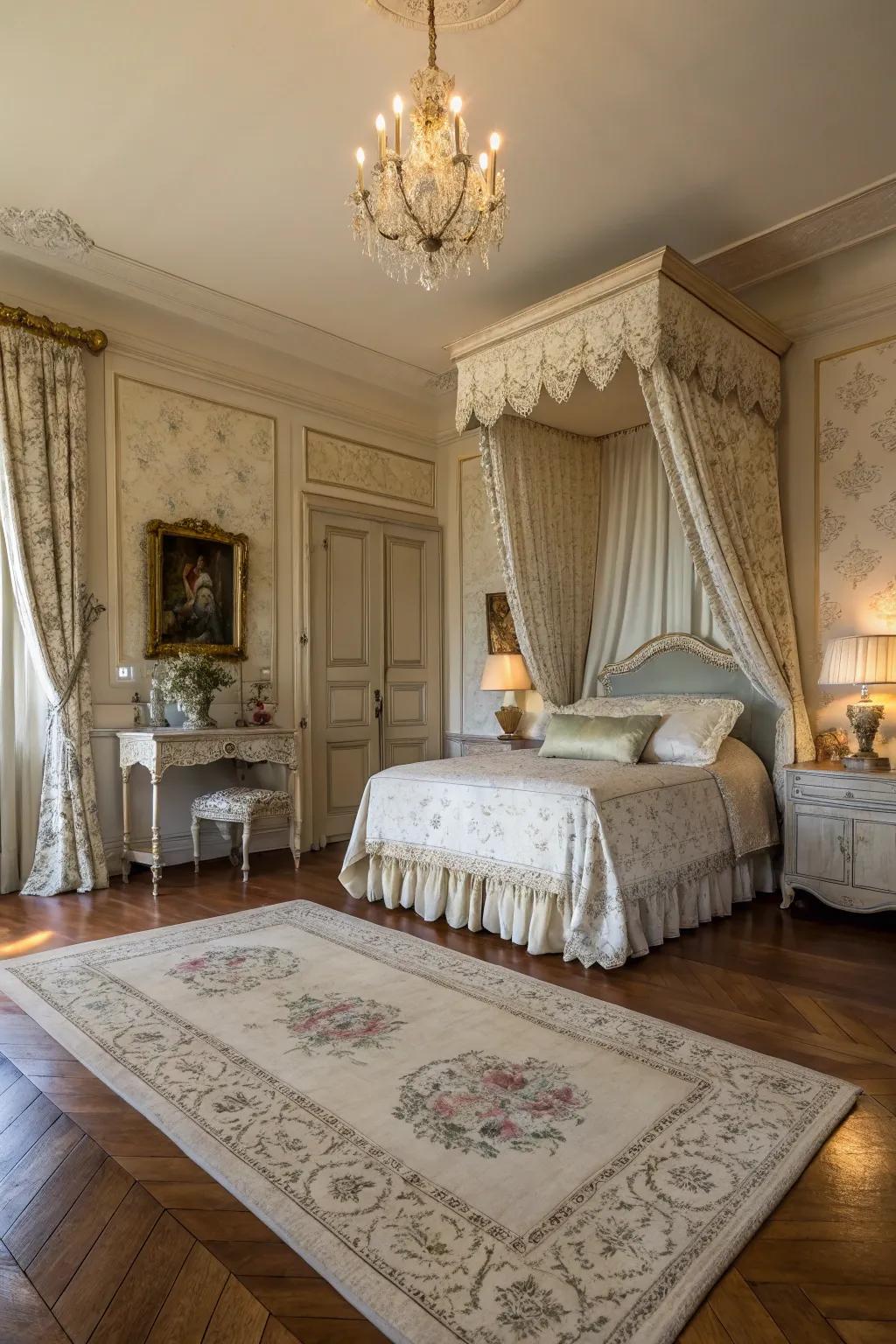 A sumptuous rug adds warmth and texture to the French bedroom.