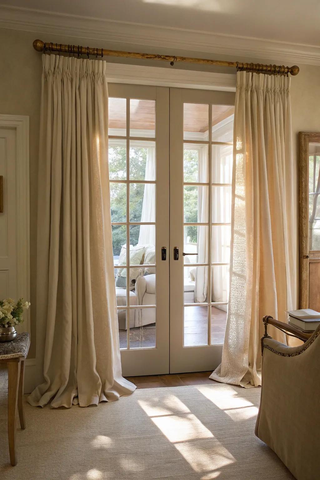 Linen drapery makes French doors more charming.
