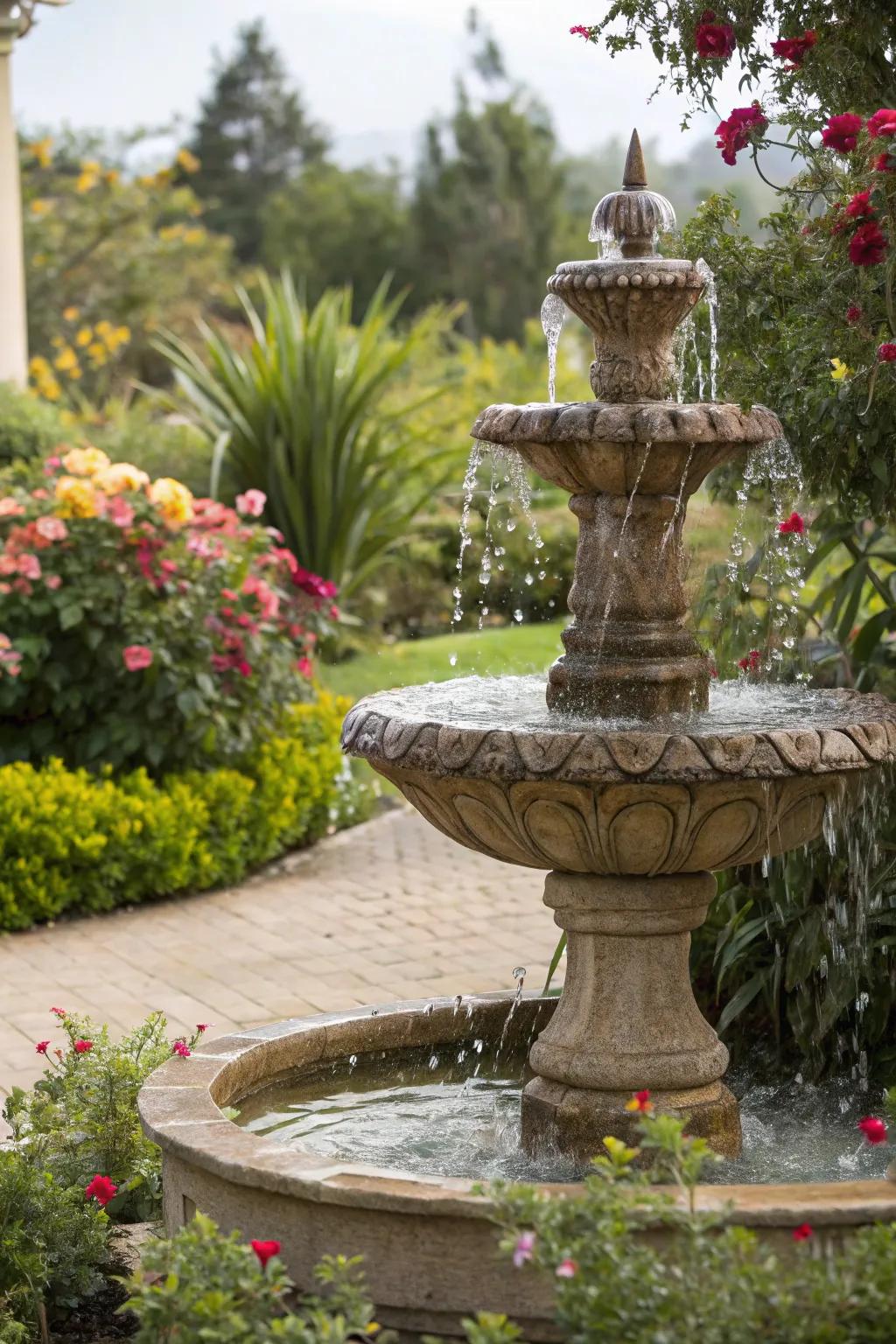 A peaceful water feature nestled amid rich plant life.