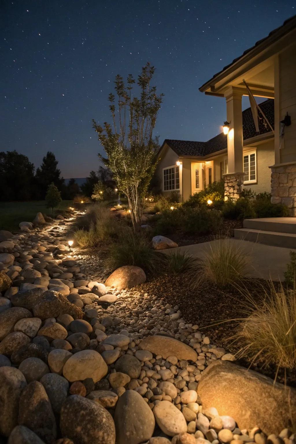 The nighttime beauty of river stone landscapes is enhanced by lighting.